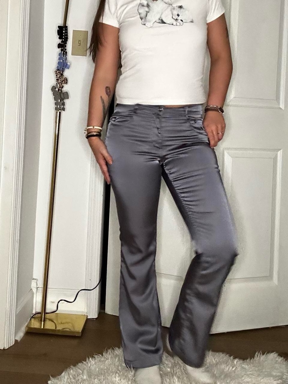 Y2k Satin Gray Women's Jeans - Sleek Low-Rise Flare